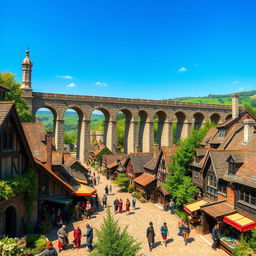 A vibrant medieval city scene featuring a grand aqueduct gracefully spanning the center of the image