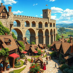 A vibrant medieval city scene featuring a grand aqueduct gracefully spanning the center of the image