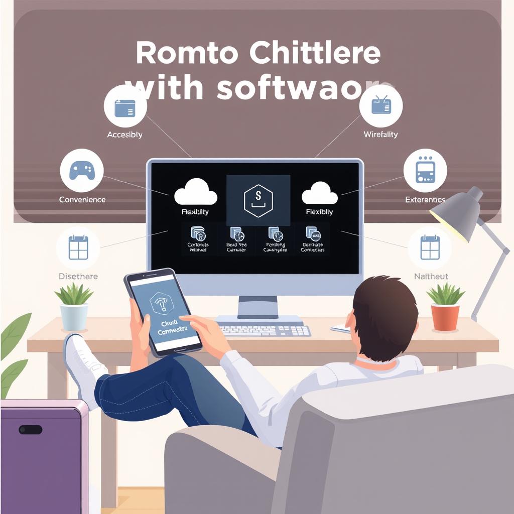 An informative illustration showing the concept of controlling a computer remotely without software