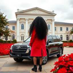 On a cloudy day, a two-story neoclassical hall with a cream-white facade stands majestically, surrounded by a vibrant courtyard full of red flowers