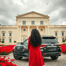 On a cloudy day, a two-story neoclassical hall with a cream-white facade stands majestically, surrounded by a vibrant courtyard full of red flowers