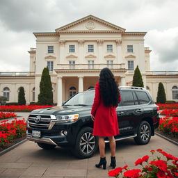 On a cloudy day, a two-story neoclassical hall with a cream-white facade stands majestically, surrounded by a vibrant courtyard full of red flowers