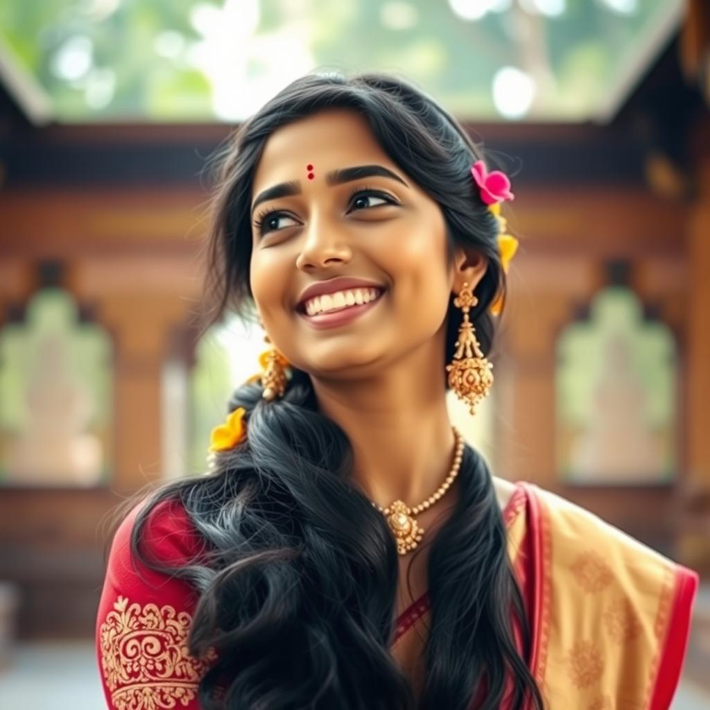 A beautiful Indian lady with a radiant smile, dressed in elegant traditional attire that exudes devotion and grace