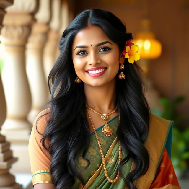 A beautiful Indian lady with a radiant smile, dressed in elegant traditional attire that exudes devotion and grace