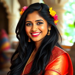 A beautiful Indian lady with a radiant smile, dressed in elegant traditional attire that exudes devotion and grace