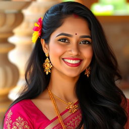 A beautiful Indian lady with a radiant smile, dressed in elegant traditional attire that exudes devotion and grace