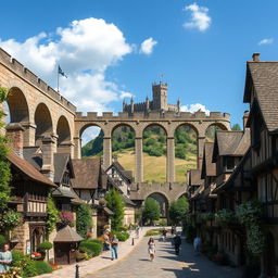 A picturesque medieval city scene featuring a grand aqueduct gracefully spanning the center of the image