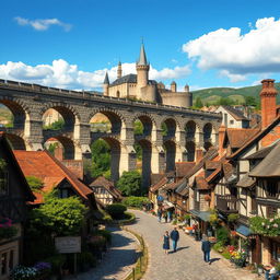 A picturesque medieval city scene featuring a grand aqueduct gracefully spanning the center of the image