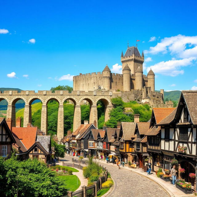 A picturesque medieval city scene featuring a grand aqueduct gracefully spanning the center of the image