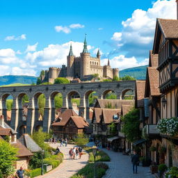 A picturesque medieval city scene featuring a grand aqueduct gracefully spanning the center of the image