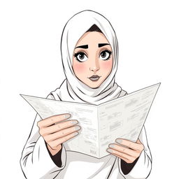 A nonrealistic illustration of a woman wearing a hijab, intently checking a map