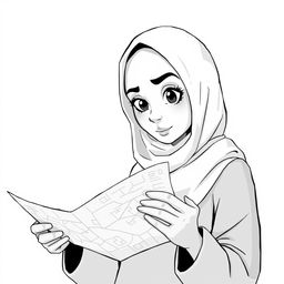 A nonrealistic illustration of a woman wearing a hijab, intently checking a map