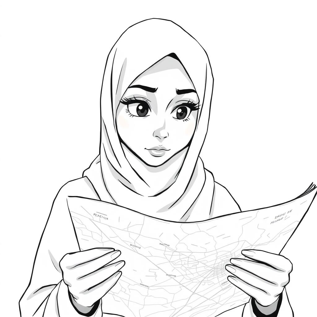 A nonrealistic illustration of a woman wearing a hijab, intently checking a map