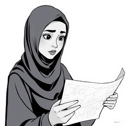 A nonrealistic illustration of a woman wearing a hijab, intently checking a map