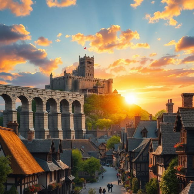 A stunning medieval cityscape that features a grand aqueduct prominently positioned in the middle of the scene