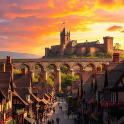 A stunning medieval cityscape that features a grand aqueduct prominently positioned in the middle of the scene