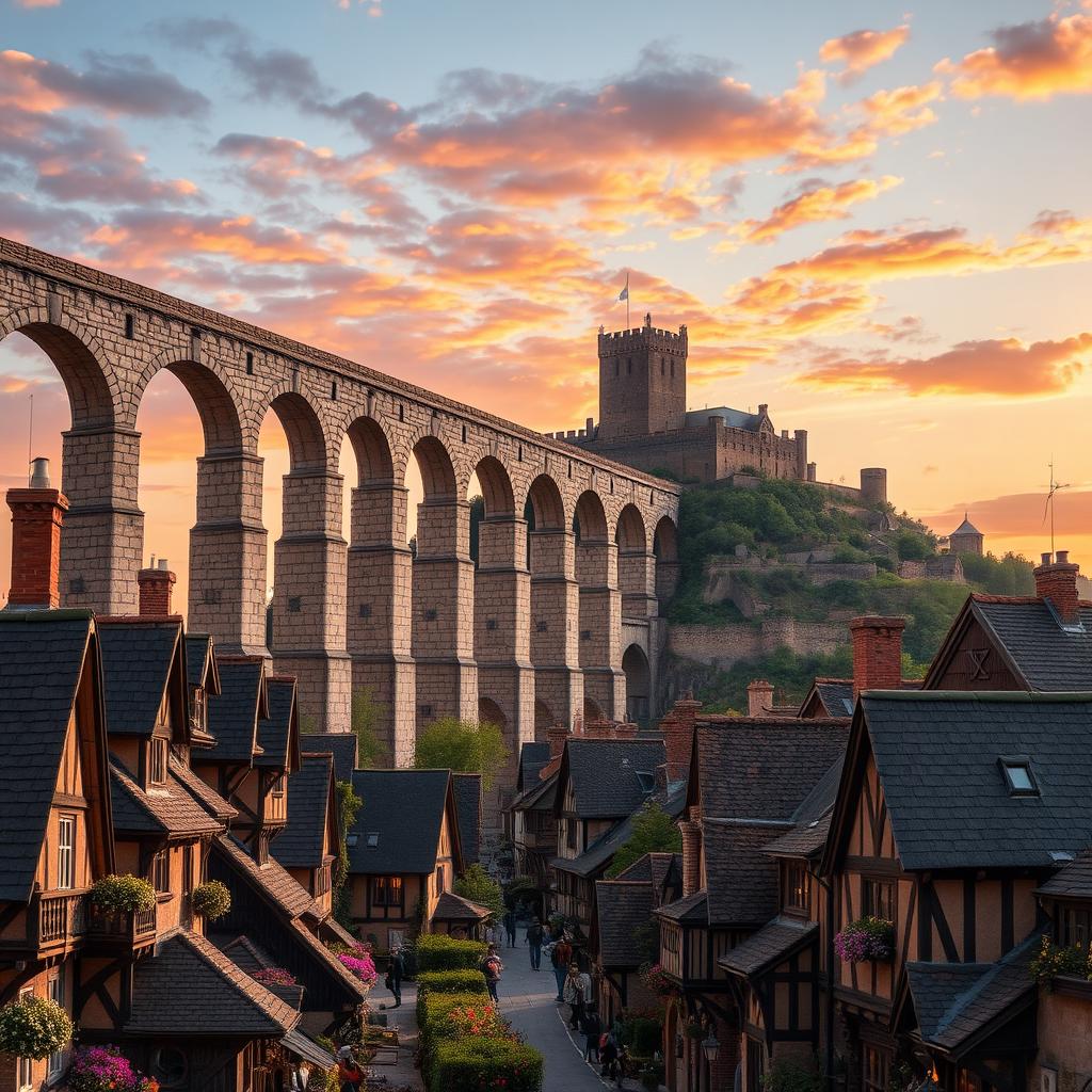 A stunning medieval cityscape that features a grand aqueduct prominently positioned in the middle of the scene