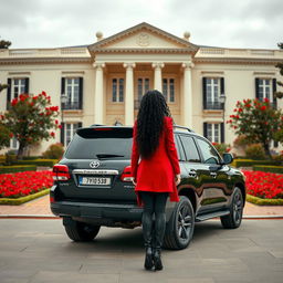 A two-story neoclassical hall with a cream-white facade, featuring a vibrant courtyard filled with red flowers, on a cloudy day