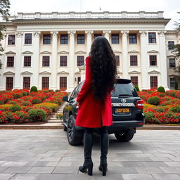 A two-story neoclassical hall with a cream-white facade, featuring a vibrant courtyard filled with red flowers, on a cloudy day