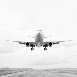 A nonrealistic portrayal of a plane landing, rendered in black and white with a predominant white backdrop