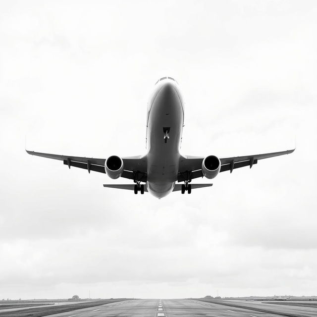 A nonrealistic portrayal of a plane landing, rendered in black and white with a predominant white backdrop