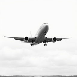 A nonrealistic portrayal of a plane landing, rendered in black and white with a predominant white backdrop