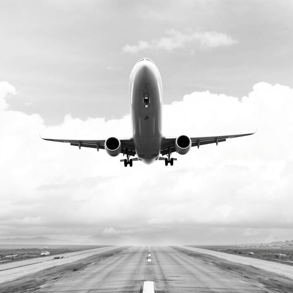 A nonrealistic portrayal of a plane landing, rendered in black and white with a predominant white backdrop