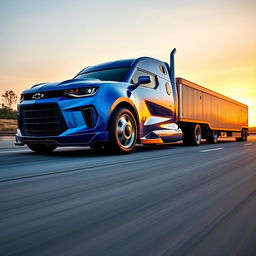A Chevrolet Camaro designed as a semi-truck, combining the sleek sports car design with the massive structure of a semi-trailer truck