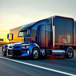 A Chevrolet Camaro designed as a semi-truck, combining the sleek sports car design with the massive structure of a semi-trailer truck