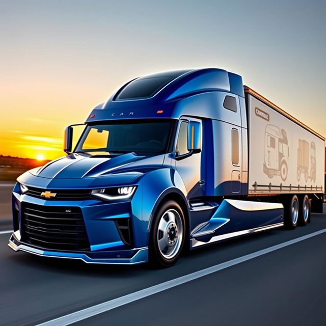 A Chevrolet Camaro designed as a semi-truck, combining the sleek sports car design with the massive structure of a semi-trailer truck