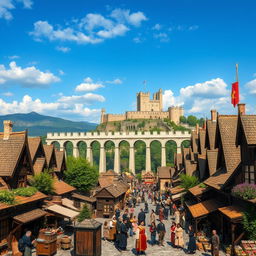 A bustling medieval city teeming with activity, featuring a grand aqueduct prominently in the middle of the scene