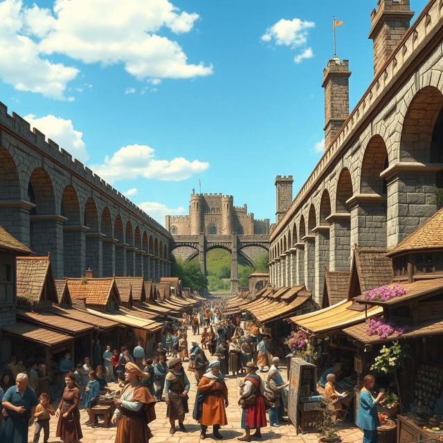 A bustling medieval city teeming with activity, featuring a grand aqueduct prominently in the middle of the scene