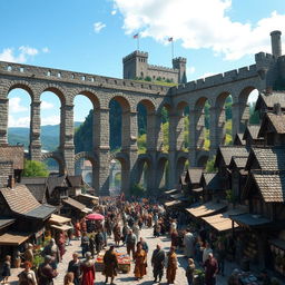 A bustling medieval city teeming with activity, featuring a grand aqueduct prominently in the middle of the scene