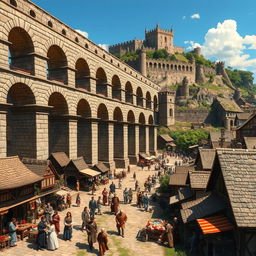 A bustling medieval city teeming with activity, featuring a grand aqueduct prominently in the middle of the scene