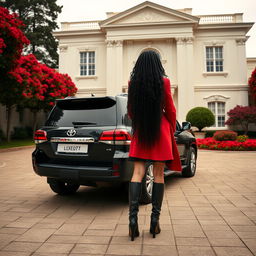 On a cloudy day, a two-story neoclassical hall with a cream-white facade looms majestically, its courtyard bursting with vibrant red flowers that create a stunning contrast against the building