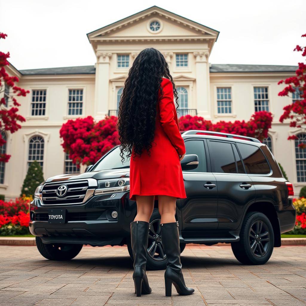 On a cloudy day, a two-story neoclassical hall with a cream-white facade looms majestically, its courtyard bursting with vibrant red flowers that create a stunning contrast against the building