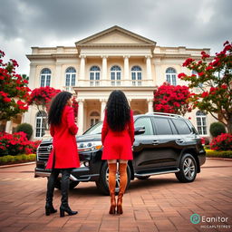 On a cloudy day, a two-story neoclassical hall with a cream-white facade looms majestically, its courtyard bursting with vibrant red flowers that create a stunning contrast against the building