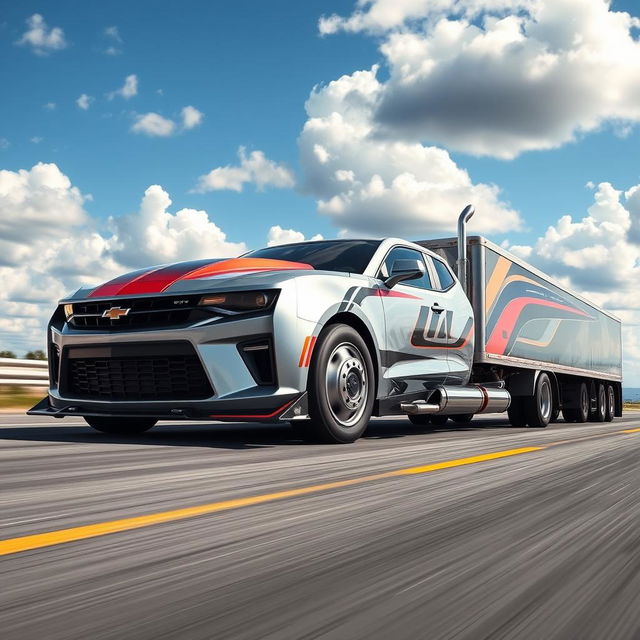 A Chevrolet Camaro transformed into a semi-truck, showcasing the distinct features of both vehicles