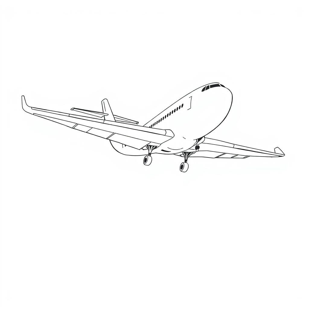 A nonrealistic illustration of a plane landing, viewed from the side, rendered in black and white