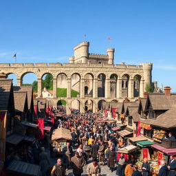 A crowded medieval city bustling with life, showcasing a grand aqueduct that elegantly spans the center of the scene