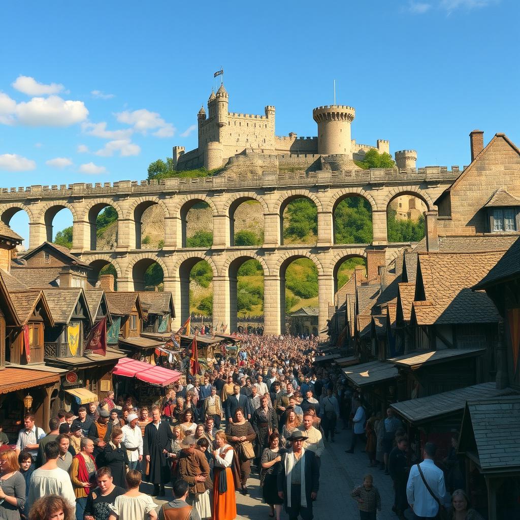 A crowded medieval city bustling with life, showcasing a grand aqueduct that elegantly spans the center of the scene