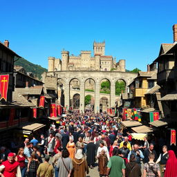 A crowded medieval city bustling with life, showcasing a grand aqueduct that elegantly spans the center of the scene