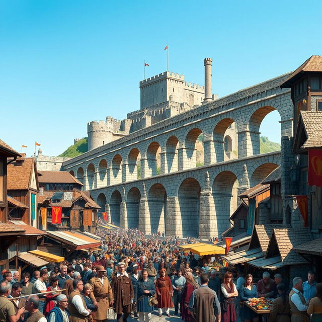 A crowded medieval city bustling with life, showcasing a grand aqueduct that elegantly spans the center of the scene