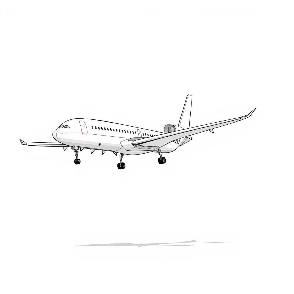 A nonrealistic illustration of a plane landing on an airport, depicted from the side in black and white