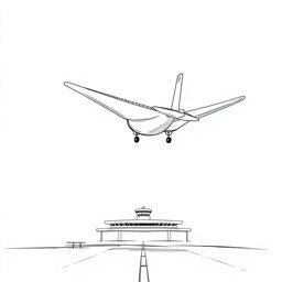 A nonrealistic illustration of a plane landing on an airport, depicted from the side in black and white