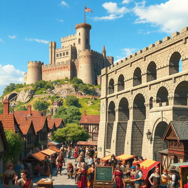 A lively and crowded medieval city scene featuring a grand aqueduct positioned on the right side of the image