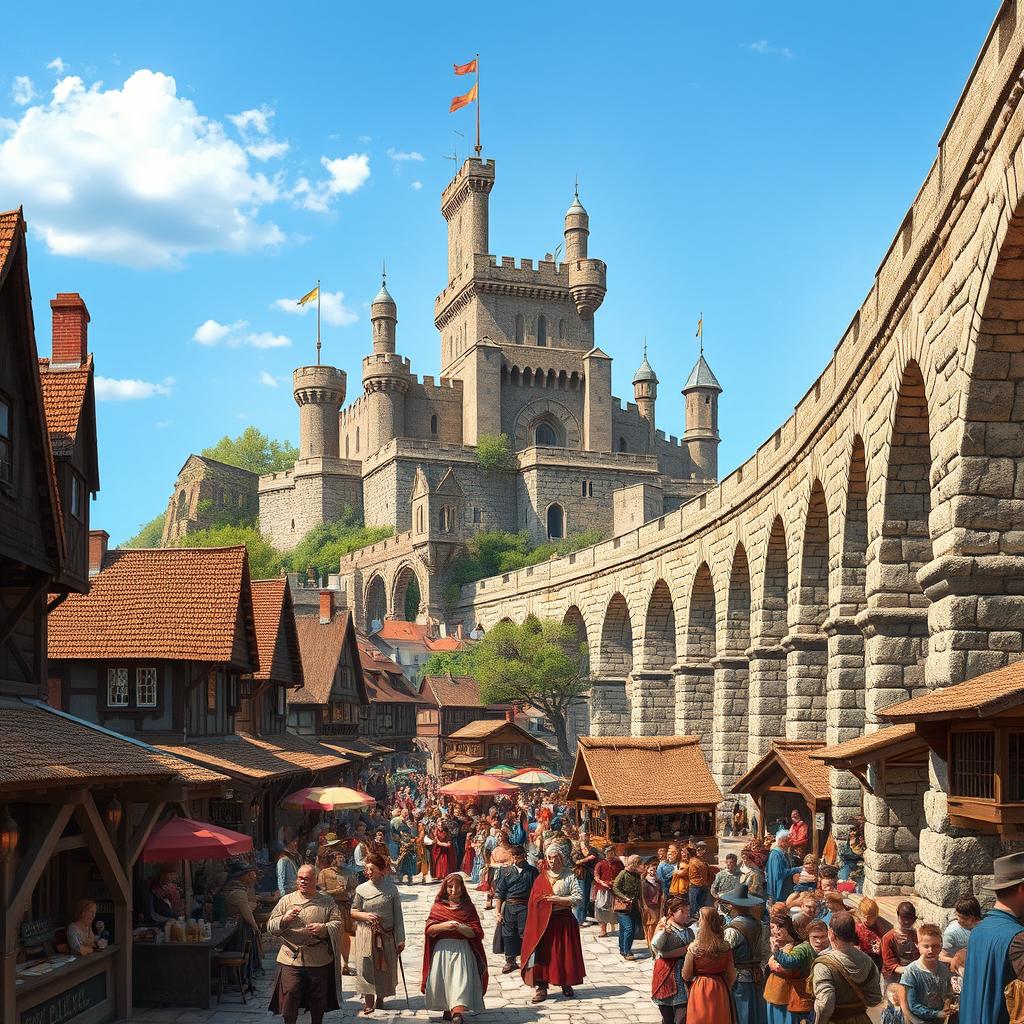 A lively and crowded medieval city scene featuring a grand aqueduct positioned on the right side of the image