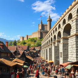 A lively and crowded medieval city scene featuring a grand aqueduct positioned on the right side of the image