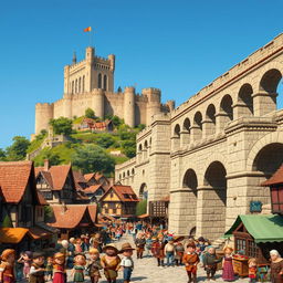 A lively and crowded medieval city scene featuring a grand aqueduct positioned on the right side of the image