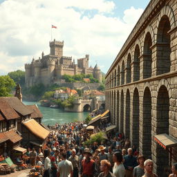 A vibrant and crowded medieval city scene featuring a magnificent aqueduct positioned on the right side of the image